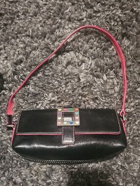 Black and Pink Leather Shoulder Bag with Heart Accent... DOONEY AND BOURKE